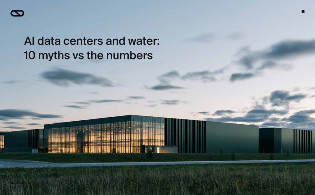 Modern AI data center at dusk, cover image for a report on data center water use myths